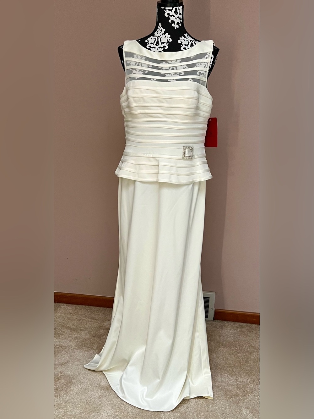 JS COLLECTIONS Ivory Shutter Pleated Peplum Gown with Godet Train Sz 14